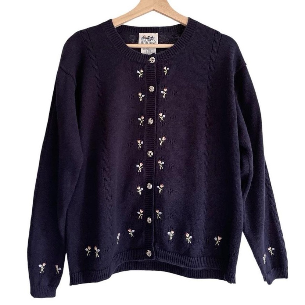 Vintage Northern Reflections Navy Blue Knit Pink Embroidered Flowers Cardigan